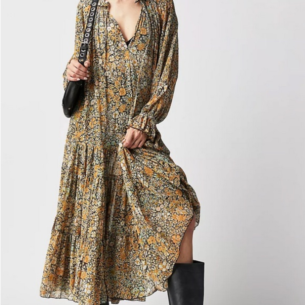 Free People Feeling Groovy Maxi Dress Floral Print Flowy V-Neck Black XS